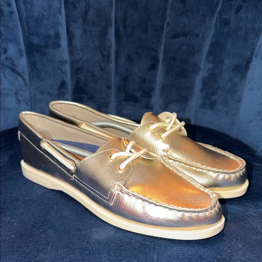 Sperry Metallic Gold and Black Leather Moccasin Boat Shoes